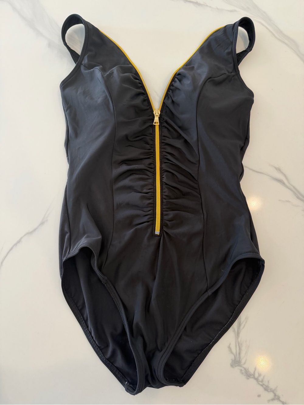 Miraclesuit Black Ruched Zip Front One Piece Swimsuit Gold Zipper